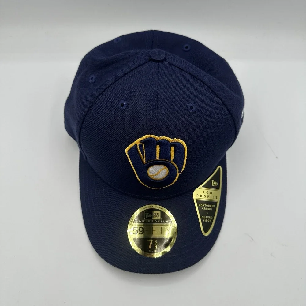 New Era 59Fifty Milwaukee Brewers Hat Cap 7 3/8 Navy On Field Low Profile Fitted